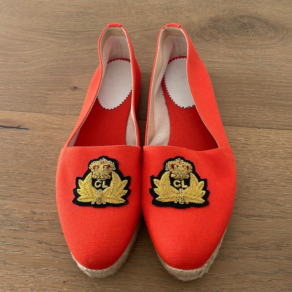 Christian Louboutin Orange Canvas Espadrille Flats with Gold Crest Emblems